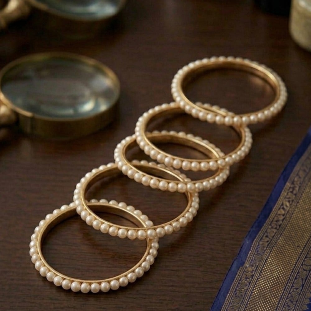 Handcrafted Pearl Bangles in Alloy Metal and Glass Beads